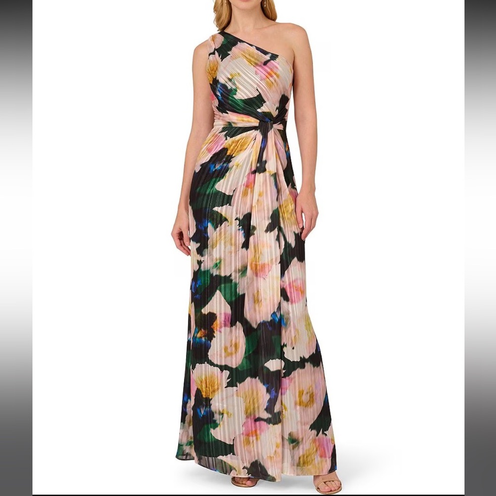 Adrianna Papell Floral Metallic Satin One Shoulder Sleeveless Twist Waist Gown